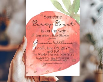 Strawberry Baby Shower Invitation Berry Sweet Theme Gender Neutral Digital Canva Template