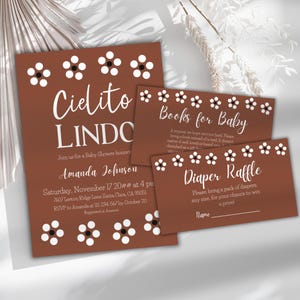 Modelo de convite para chá de bebê Cielito Lindo para festa temática mexicana Talavera Barro, cartão de inserção para rifa de fraldas espanholas editável