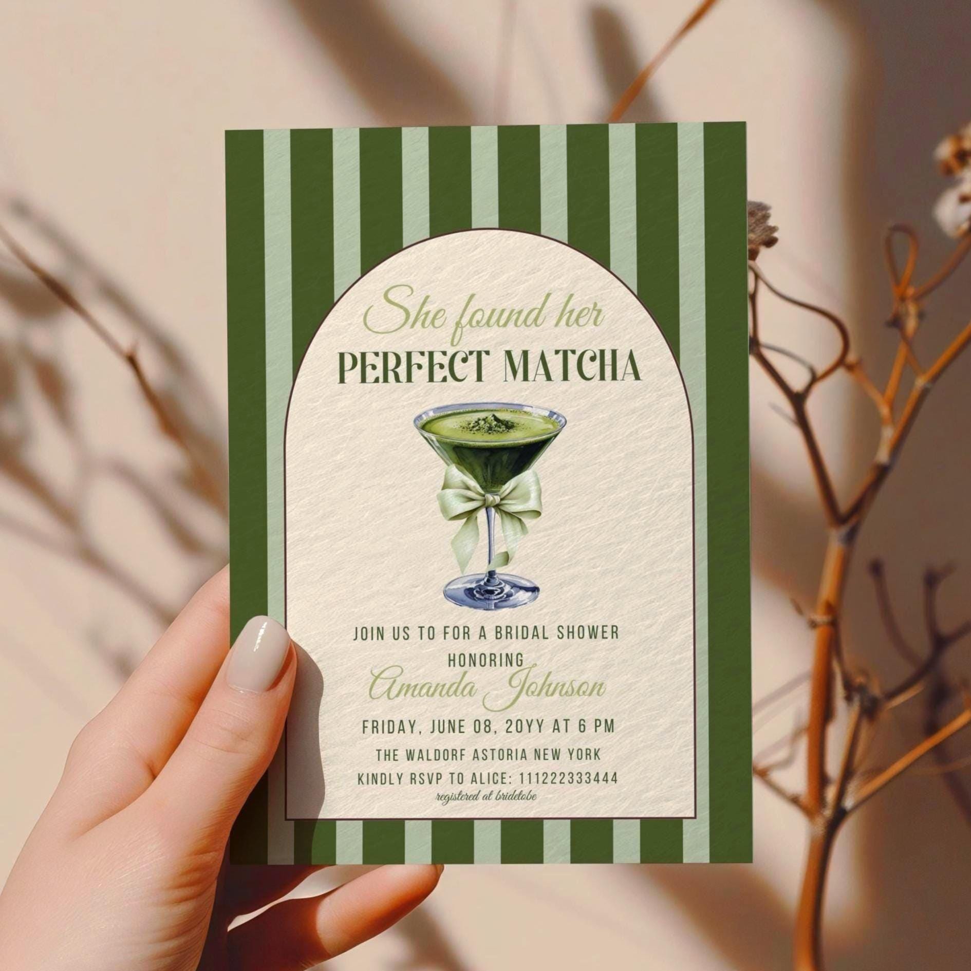 Editable Perfect Matcha Bridal Shower Invite Sage Green Bow Themed ...