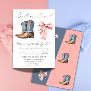 Modello di invito per la rivelazione del sesso con stivali o fiocchi, invito per la rivelazione del sesso di lui o lei, tema per la festa di rivelazione del sesso in stile western blu o rosa