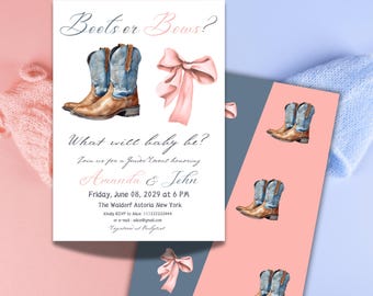 Boots or Bows Gender Reveal Invitation Template He or She Gender Reveal Invite Blue or Pink Western Gender Reveal Party Theme Boy or Girl