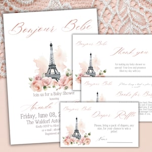 Ensemble floral baby shower parisien Bonjour bébé modèle d'Invitation parisienne imprimable Invitation rose, merci, tombola de couches jeu de cartes numériques