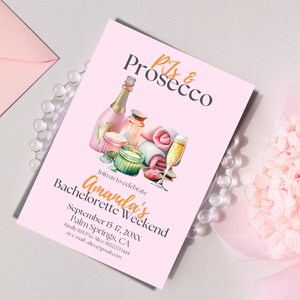 PJs Prosecco Bachelorette Weekend Itinerary Template Printable Invitation | Champagne Wine Theme Party Hen Party Invite Pink Canva Template