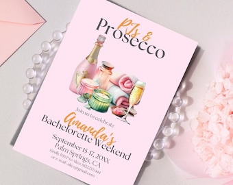 PJs Prosecco Bachelorette Weekend Itinerary Template Printable Invitation | Champagne Wine Theme Party Hen Party Invite Pink Canva Template