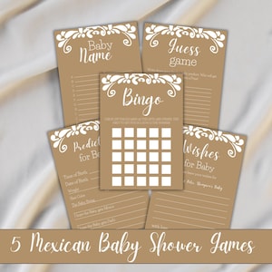 Pacchetto di modelli di giochi per baby shower Cielito Lindo per feste di fiesta messicana ispirate a Talavera - Schede attività stampabili beige di genere neutro