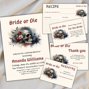 Bride or Die bruids douche bundel uitnodigen, Halloween zwarte schedel bloemen uitnodiging, Til Death Do Us partij register, bedankt, receptenkaart