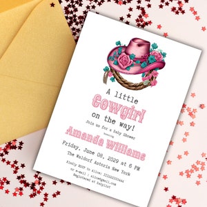 Little Cowgirl Baby Shower Invitation Digital Canva Template, Western Pink Girl Baby Shower Invite, Wild West Themed Party Decoration