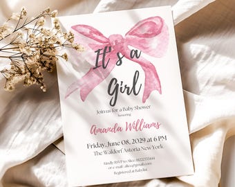 May include: A baby shower invitation with a watercolor pink bow and the text "It's a Girl." The invitation includes the name "Amanda Williams," the date, time, and location, and RSVP information. The design is on a white background.