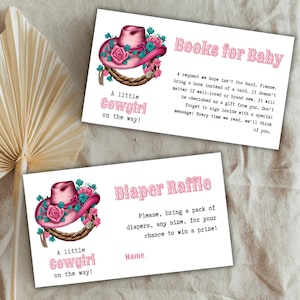 Kleines Cowgirl Baby Shower Bundle Canva Vorlagen, Western Girl Baby Shower Pink Windel Raffle Los und Bücher für Baby Card, Digitaldruck