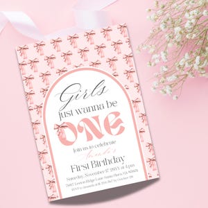Watercolor Pink Bow 1st Birthday Invite, Girls Just Wanna be ONE First Birthday Invitation Digital Turning ONE Editable Canva Template