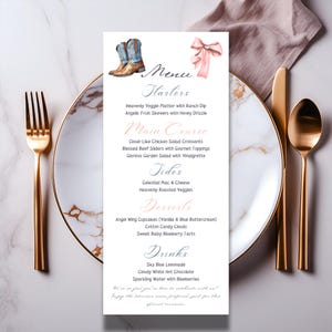 May include: A printable menu template featuring a watercolour illustration of cowboy boots and a pink bow. The menu is titled "Harters" and lists various food and drink options, including starters, main course, tides, desserts, and drinks.