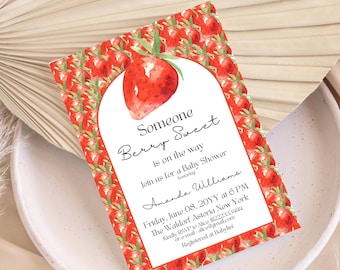 Strawberry Baby Shower Invitation Gender Neutral Invite Digital Berry Sweet Template