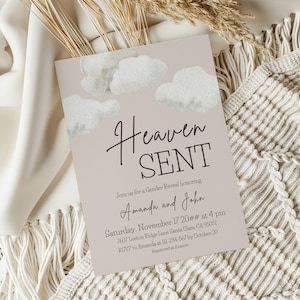 May include: A gender reveal invitation with the text "Heaven SENT" in black script. The invitation features watercolor clouds and the names "Amanda and John". Details include the date, time, and location.