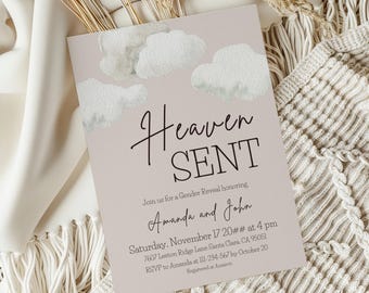 Heaven Sent Gender Reveal Invitation Digital Template He or She Gender Reveal Invite Boy or Girl Clouds Gender Neutral Piece of Heaven Party