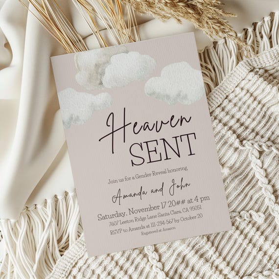 Heaven Sent Gender Reveal Invitation Digital Template He or She Gender Reveal Invite Boy or Girl Clouds Gender Neutral Piece of Heaven Party