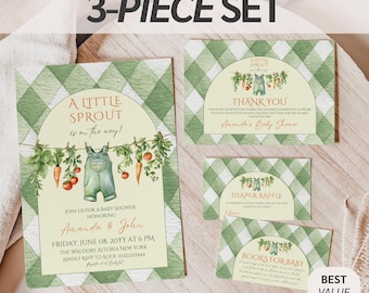Invitación para baby shower de Little Sprout: conjunto de invitaciones con temática de jardinería campestre y productos locales (editable).