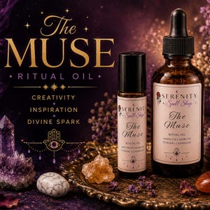 May include: Two amber glass bottles of The Muse Ritual Oil by Serenity Spell Shop, one with a rollerball and one with a dropper. The labels list amethyst, howlite, citrine, and carnelian. The bottles are surrounded by crystals and dried lavender.