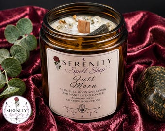 Full Moon Ritual Candle, Crystal Intention Candle with Labradorite & Moonstone, Witchy Manifestation Candle for Lunar Magic, Spiritual Gifts
