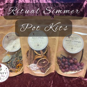 May include: Three stand-up pouches labeled Ritual Simmer Pot Kits containing dried botanical ingredients. The left bag holds herbs and petals, the center bag contains orange slices and cinnamon sticks, and the right bag features dark berries.