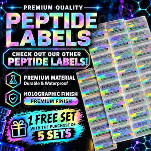 May include: A sheet of rectangular holographic peptide labels featuring text such as RETATRUTIDE, TB-500, and GHK-CU, each marked 10mg and FOR RESEARCH ONLY. The labels include manufacturing dates and have a reflective, iridescent finish.