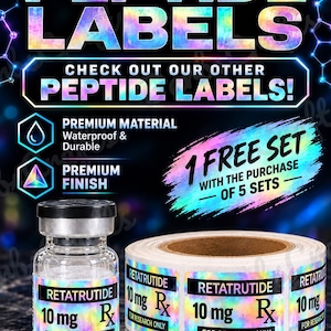 May include: A clear glass vial with a black cap and a holographic label reading RETATRUTIDE 10 mg Rx FOR RESEARCH ONLY, next to a roll of matching holographic labels. The background features text about premium quality peptide labels.