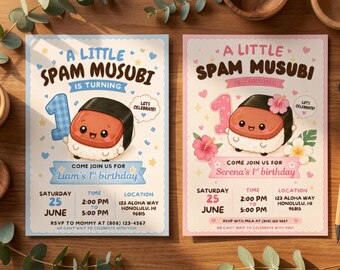 Redigerbar Spam Musubi-födelsedagsinbjudan, söt kawaii Spam Musubi, hawaiiansk festinbjudan, barncanvasinbjudan, personlig 1-årsdagsinbjudan