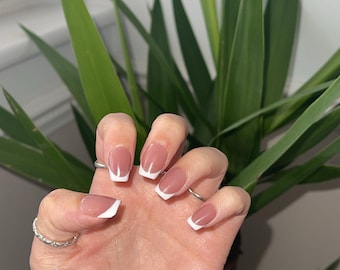 Handmade Acrylic French Tip Press On Nails | Short Square, Glossy, 10pcs