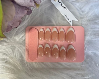 Handmade Pearlescent French Tip Press On Nails | Almond Shape, 10pcs
