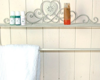 Cream Heart Wall Shelf With Towel Rail | Wall Mounted Bathroom Storage Rack | Toilet Storage Rack | Shabby Chic Furniture | Cream Shelves