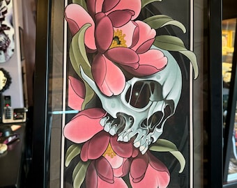 Skull and Peony Neotraditional Tattoo Style Art Print 11x17"
