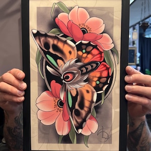 Moth and Flowers Neotraditional Tattoo Style Art Print 8.5x14&quot;
