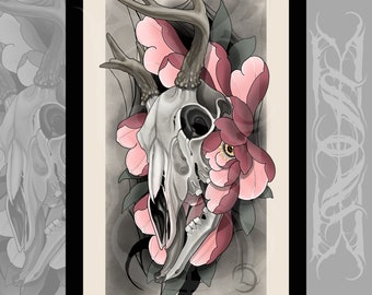 Stag/Deer Skull and Peony Neotraditional Tattoo Style Art Print 11x17"