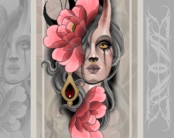 Demon Girl Neotraditional Tattoo Style Art Print 11x17"
