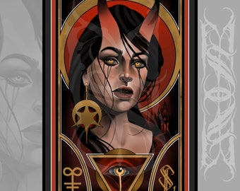 May include: A digital illustration of a woman with red horns and a golden star earring. She has a tear running down her cheek and a golden eye in a triangle with a teardrop below it. The background is red and gold.