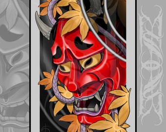 May include: A vibrant illustration of a red Japanese Oni mask with yellow eyes, sharp teeth, and curved horns. The mask is adorned with orange and yellow maple leaves and a purple rope. The background is a mix of black and gray.