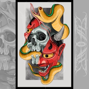 Hannya, Skull, & Snake Japanese/Neotraditional Tattoo Style Art Print 11x17&quot;