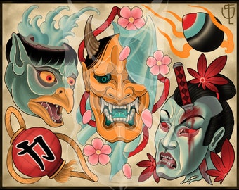 Japanese Yokai Oni/Hannya, Namakubi, Kappa Neotraditional Tattoo Flash Sheet Art Print 11x14"