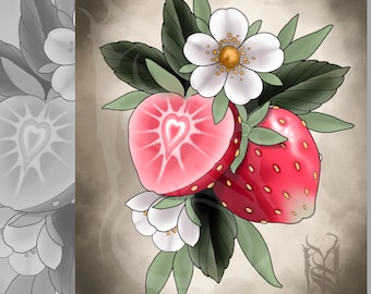 Neotraditional Tattoo Style Strawberry Art Print 8x10"