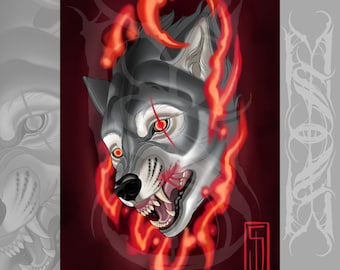 Snarling Wolf Neotraditional Tattoo Style Art Print 11x17"