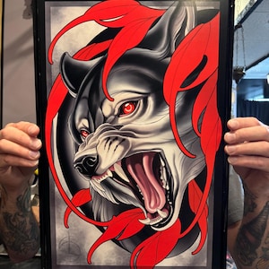 Snarling Wolf Neotraditional Tattoo Style Art Print 11x17&quot;