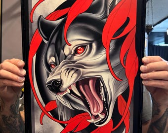 Snarling Wolf Neotraditional Tattoo Style Art Print 11x17"