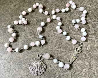 Aphrodite's Adoration Rosary Necklace, Rose Quartz + Howlite, Pagan prayer beads, Aphrodite Altar, Love Witch