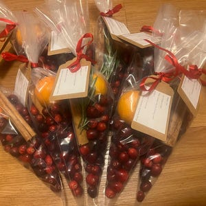 Könnte beinhalten: Sechs durchsichtige Plastikkegel gefüllt mit roten Preiselbeeren, Orangenscheiben, Zimtstangen und Rosmarinzweigen. Die Kegel sind mit rotem Band gebunden und haben kleine braune Geschenkanhänger.