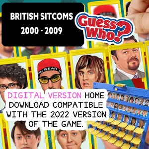 Könnte beinhalten: Eine digitale Version des Spiels "Wer bin ich?" mit britischen Sitcom-Charakteren aus den Jahren 2000-2009. Das Spiel ist mit der Version 2022 kompatibel. Das Bild zeigt das Spielbrett, Charakterkarten und das "Wer bin ich?"-Logo.