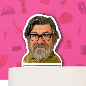 May include: A cartoon illustration of a man with a beard and glasses wearing a yellow and brown striped shirt. The illustration is printed on a white sticker.