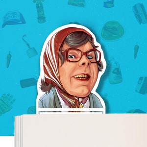 May include: A colorful illustration of a woman with red hair wearing a red and white headscarf and glasses. She is smiling with her mouth open and her teeth showing. The illustration is on a white background.
