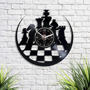 Chess Board Vinyl Record Clock Vintage Decor Unique Wall Art for Living Room Birthday Gift Idea for Men