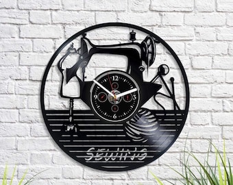 Sewing Vinyl Record Clock Unique Wall Art Original Women Room Decor Housewarming Gift for Mother