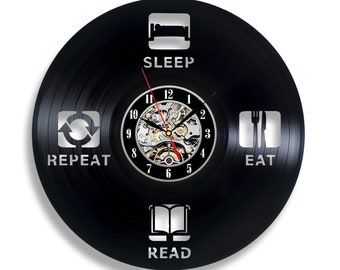 Sleep Eat Repeat Vinyl Record Clock Vintage Wall Art Decor for Home Housewarming Gift for Family