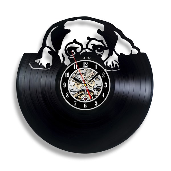 Pug Vinyl Record Wall Clock Vintage Wall Décor for Kids Room Unique Artwork Halloween Gifts for Dog Lover